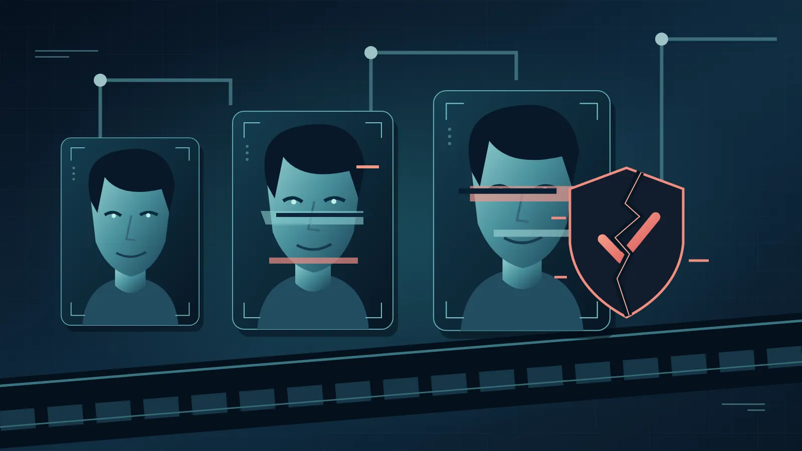 Ilustración de rostros digitales replicados en una línea de producción y una señal de verificación fracturada: deepfakes y pérdida de confianza.