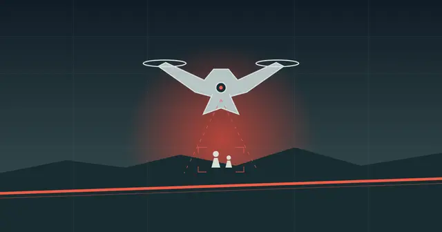 Ilustración de un dron autónomo sobre siluetas humanas ante una línea roja moral