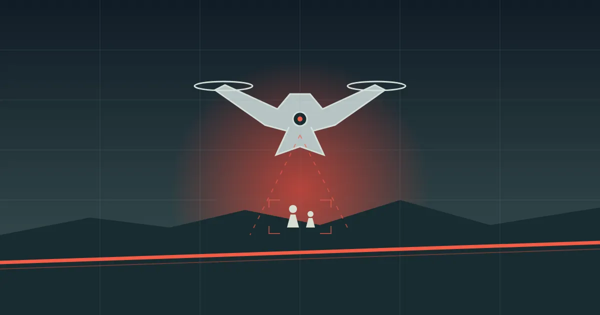 Ilustración de un dron autónomo sobre siluetas humanas ante una línea roja moral