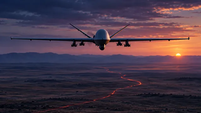 Dron militar autónomo sobre una estepa al atardecer, con una línea roja luminosa en el terreno