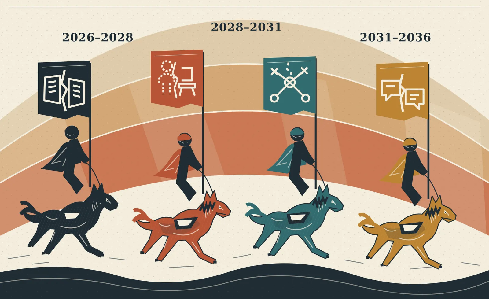Grabado editorial de cuatro jinetes: noticias fragmentadas, trabajo desplazado, agentes sin control y diálogo dividido, ante los horizontes 2026–2028, 2028–2031 y 2031–2036.