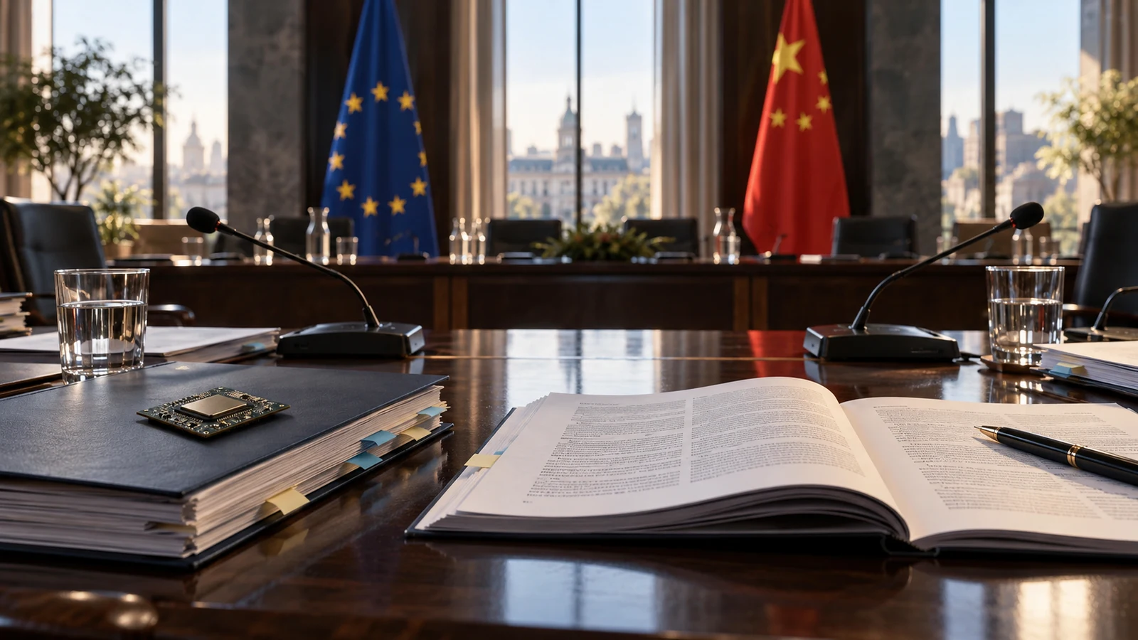 Imagen conceptual generada con IA: documentos regulatorios y un procesador sobre una mesa de negociación, con las banderas de la Unión Europea y China al fondo.